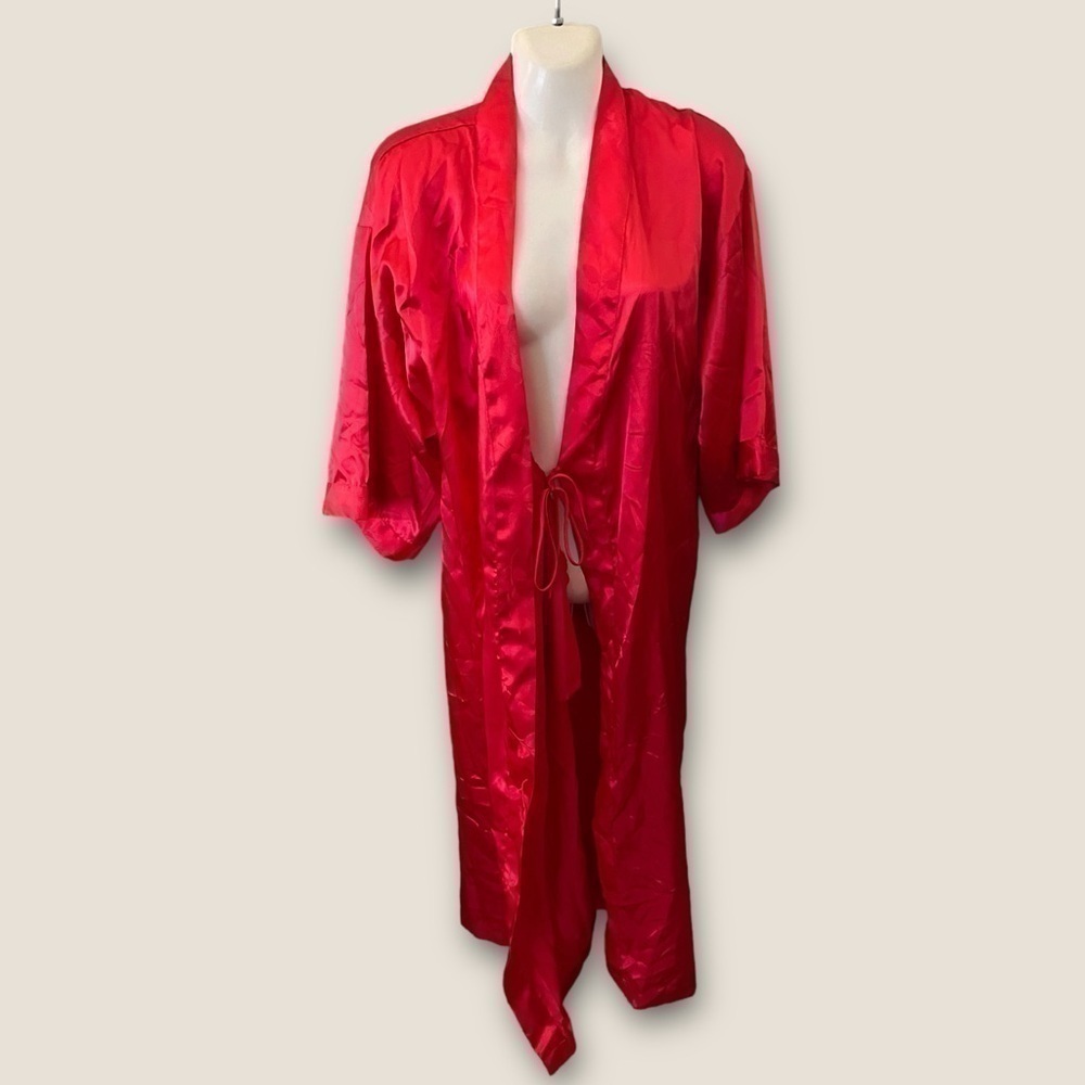 Vintage 90s Red Satin Leaf Jacquard Robe by Enchanting Full Length Small